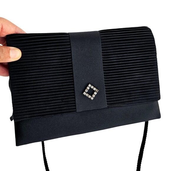 Vintage La Regale Black Pleated Satin Clutch Crossbody w/ Rhinestone Accent NWOT - Picture 9 of 9
